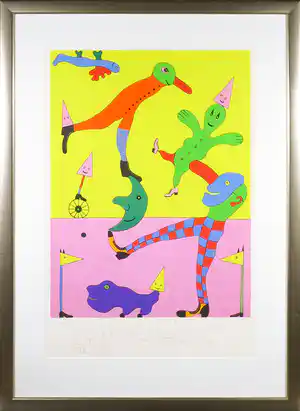 Gustavo Panalver Vico - Zeefdruk, Kleurrijke abstracte figuren - Ingelijst (Zeer groot) verkocht voor € 70!