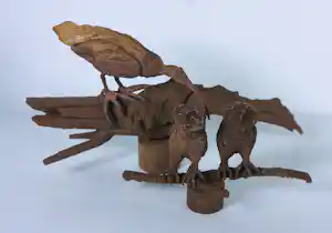 Paul Beckers - Twee sculpturen van hout, ijzer en terracotta, Vogels (ibis en uiltjes) + boek! kopen? Bied vanaf 100!