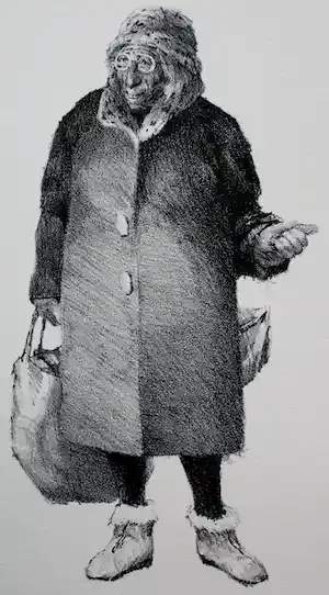 Peter Vos - Litho: Oude vrouw met boodschappentas verkocht voor € 70!