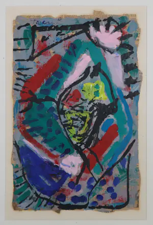 Bep Toscani - Gouache op krantenpapier, Gekleurde abstracte compositie - Ingelijst kopen? Bied vanaf 70!