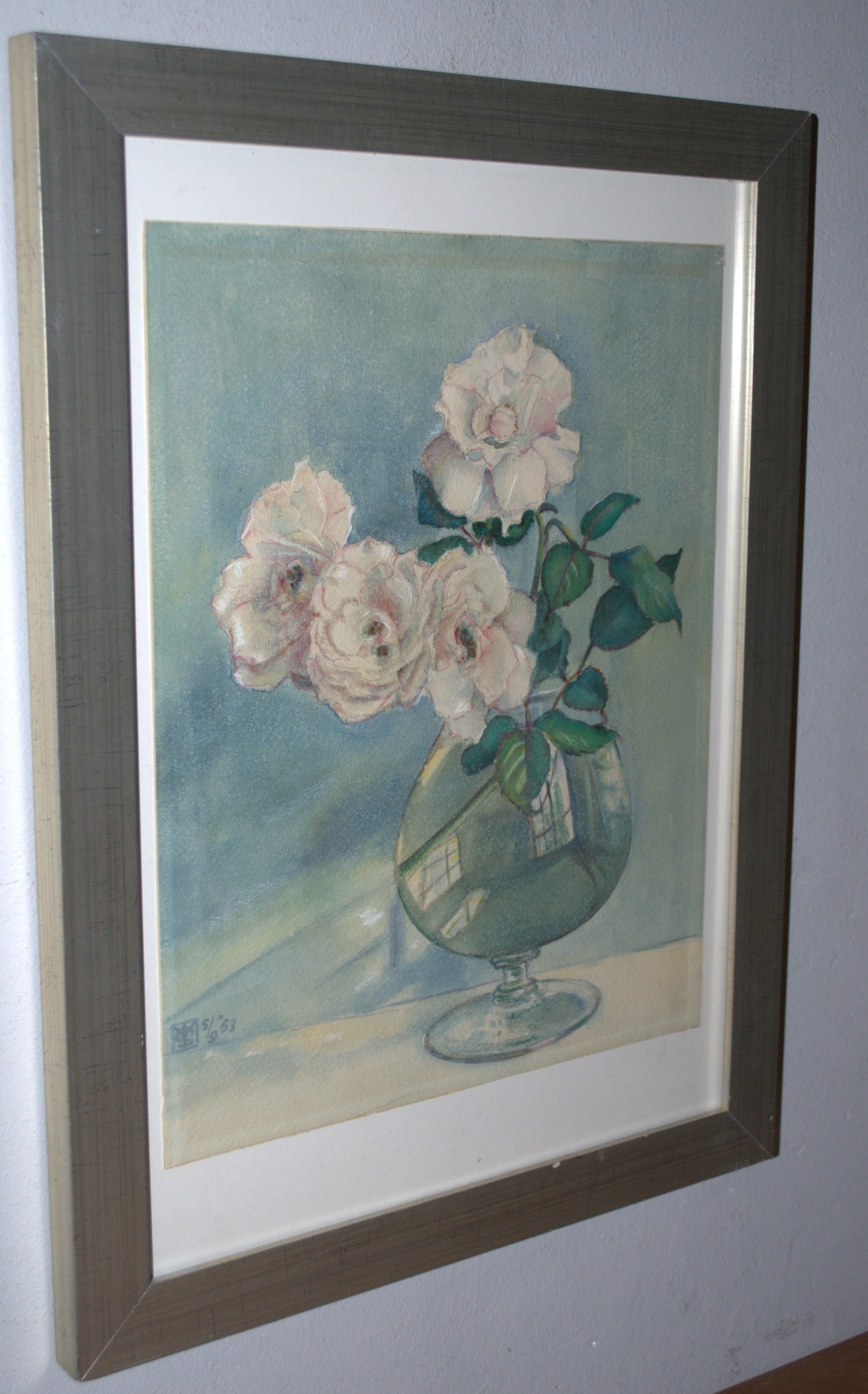 Niet of onleesbaar gesigneerd - rozen in een glas - aquarel 1953, met monogram kopen? Bied vanaf 1!