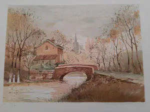 Allain Renoux - Litho, titel "Bruggetje langs de rivier". kopen? Bied vanaf 35!