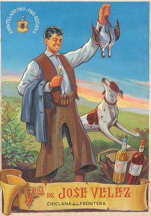 Curiosa - Onbekende kunstenaar - Handgesigneerde gouache, Reclametekening Amontillado Fino Vda de Jose Velez kopen? Bied vanaf 1!