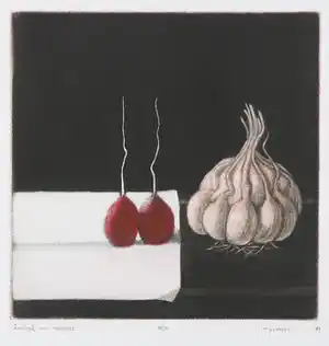 Joop Vegter - Mezzotint, Knoflook met radijsjes verkocht voor € 50!