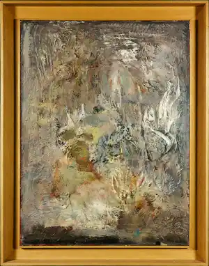 Klaas Boonstra - Olieverf / structuurverf op board, Abstracte compositie - Ingelijst verkocht voor € 100!