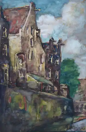 Joep Nicolas - Gouache - Amsterdam - Handgesigneerd verkocht voor € 65!
