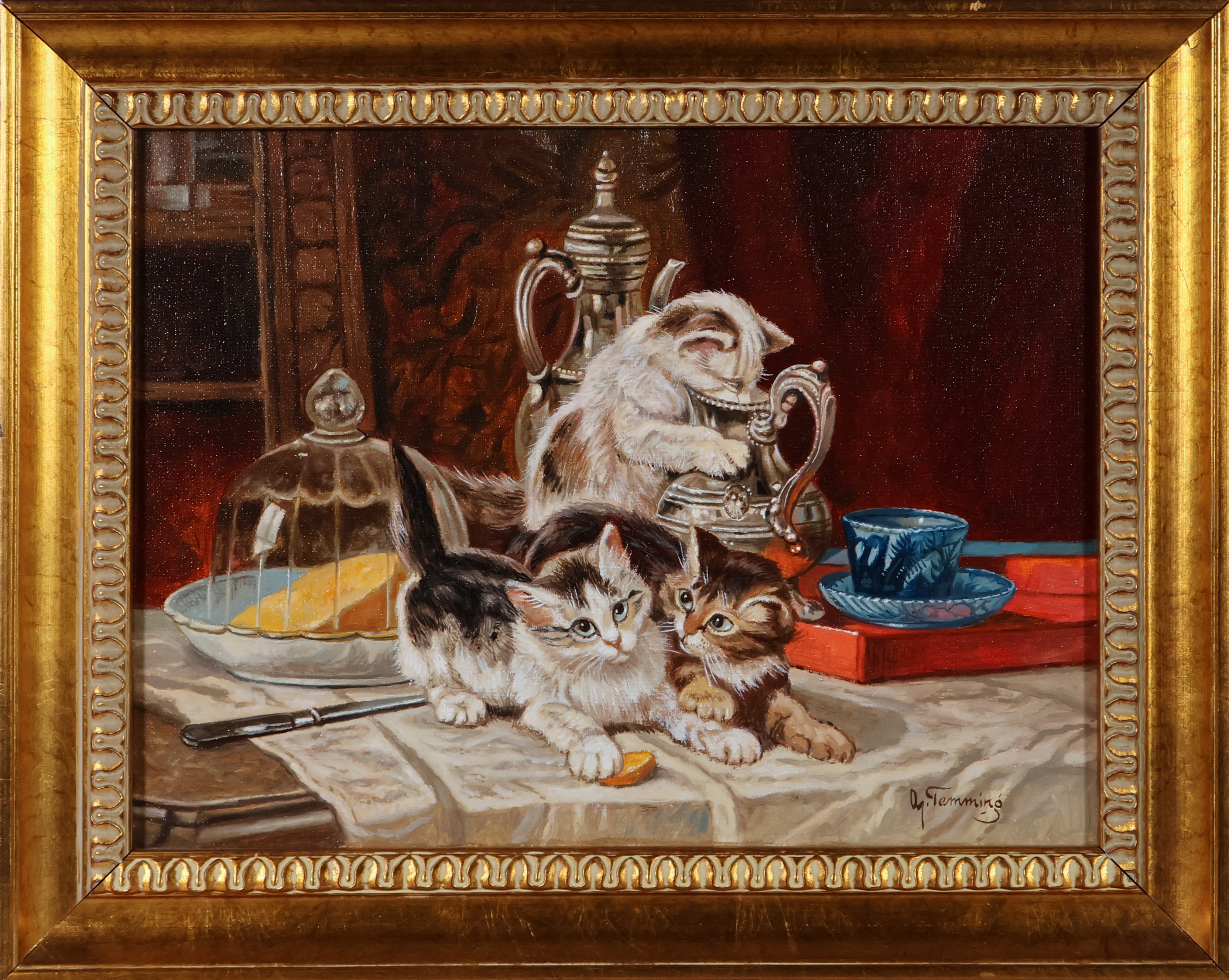 Albert Temming - Olieverf op doek, Katten op tafel - Ingelijst kopen? Bied vanaf 120!