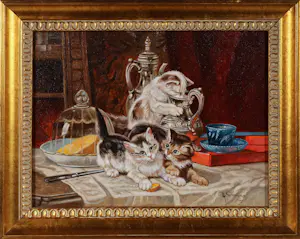 Albert Temming - Olieverf op doek, Katten op tafel - Ingelijst kopen? Bied vanaf 100!