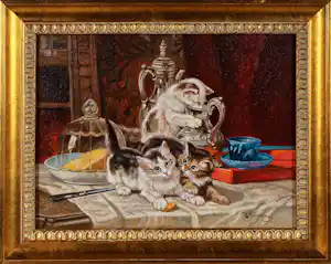 Albert Temming - Olieverf op doek, Katten op tafel - Ingelijst kopen? Bied vanaf 100!