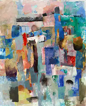 Wil Bouthoorn - Abstracte compositie, olieverf op doek (ingelijst, groot) verkocht voor € 795!