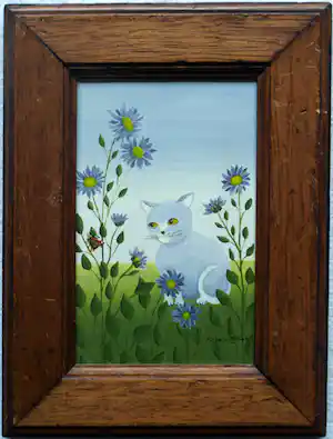 Mieke Hoogendorp - Naïeve schilderkunst , Ingelijst schilderijtje, Poes & Vlinder – ca. 1984 verkocht voor € 40!