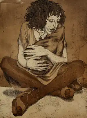 Herman Gordijn - Ets/aquatint: Mona met kussen + tentoonstellingsposter Dordrechts Museum verkocht voor € 350!
