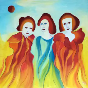 Maartje Wijngaarden - "drie vrouwen" | surrealistisch schilderij (Groot) kopen? Bied vanaf 115!
