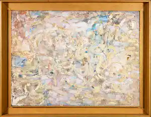Klaas Boonstra - Olieverf / structuurverf op board, Abstracte compositie - Ingelijst verkocht voor € 315!