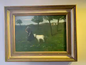 Theo van Wijngaarden - Boerin met geit in bloemenweide verkocht voor € 125!