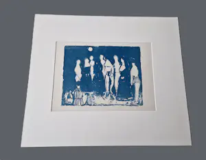 Wim Motz - Jaren 60 - bijzondere blauwe unica linosnede - Nonnen en badgasten - gesigneerd kopen? Bied vanaf 39!