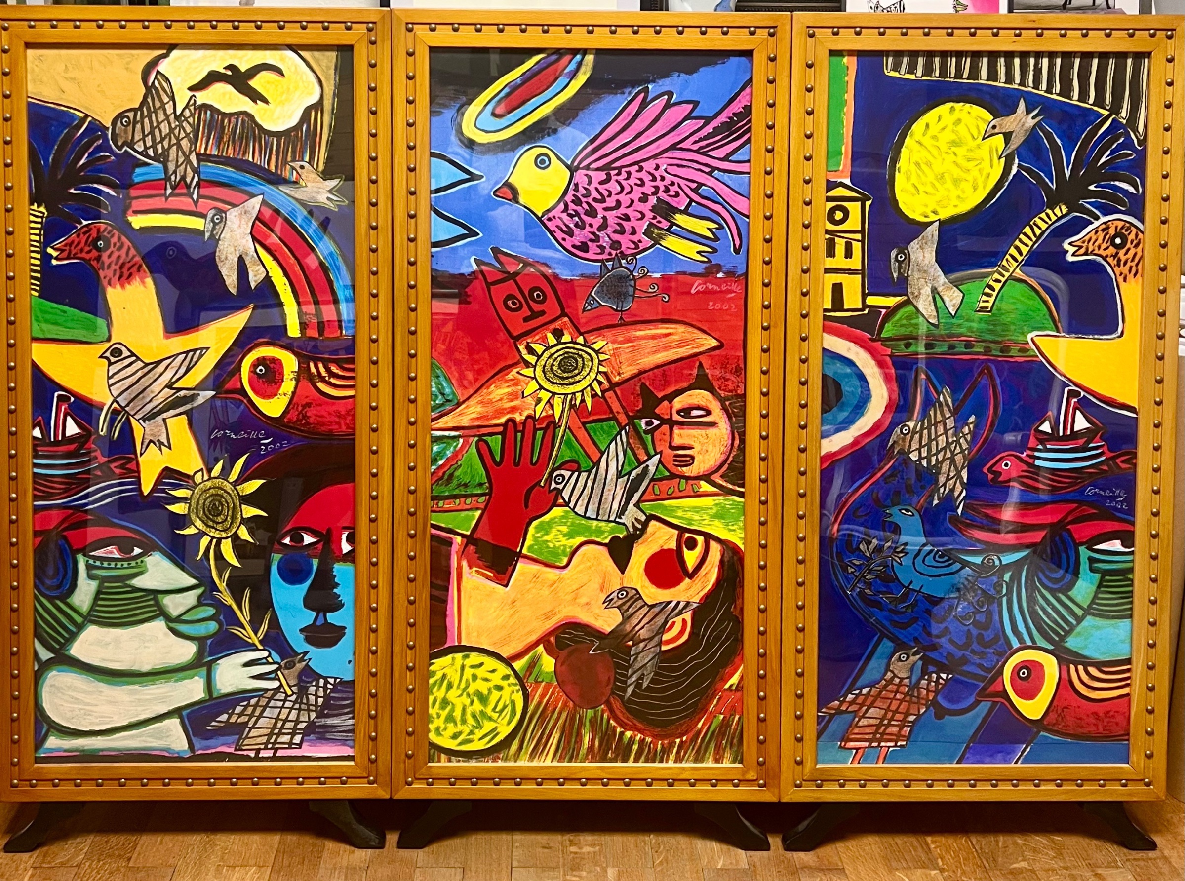 Corneille - Houten kamerscherm, Uniek werk in gouache en collage van lithografieën. kopen? Bied vanaf 7500!