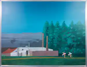 Kees Balvers - Acryl, Twee gestreepte wielrenners - Ingelijst verkocht voor € 150!