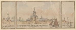 Charles Leickert - Aquarel en potlood, Vue en Tryptique d'une ville Hollandaise - Ingelijst kopen? Bied vanaf 200!