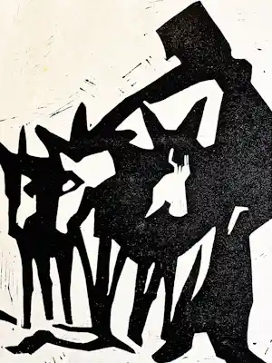 Jelle Otter - Groninger kunstenaar en graficus - linosnede "man met ezels" - eigen druk - 1964 verkocht voor € 38!