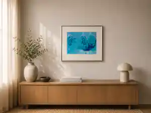 Danielle van Broekhoven - drie artisjokkenknoppen in een diepblauwe, abstracte compositie kopen? Bied vanaf 50!