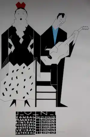 Hendrik Valk - Ingelijste litho: 'Vrouwelijke flamenco danseres en gitarist' verkocht voor € 175!