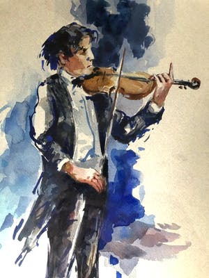 Henk Fonville - Violist - Aquarel, Ingelijst kopen? Bied vanaf 90!