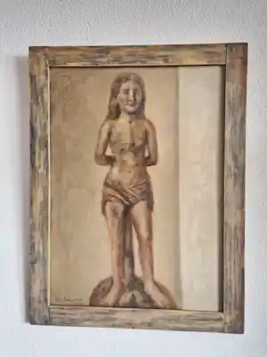 Theo Swagemakers - Groot olieverf op paneel "beeld st. Sebastian" gesigneerd - mooi gelijst verkocht voor € 150!