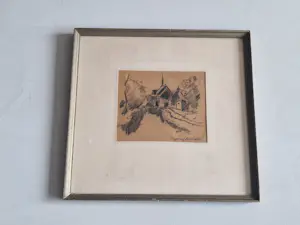 Joop Kropff - circa 1940 - houtskooltekening Kerkje Schoorl - in originele lijst - gesigneerd kopen? Bied vanaf 41!