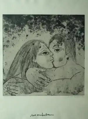 Ans Wortel - Ingelijste ets , “We omhelzen” – Lijst, 58 x 49 cm. verkocht voor € 68!