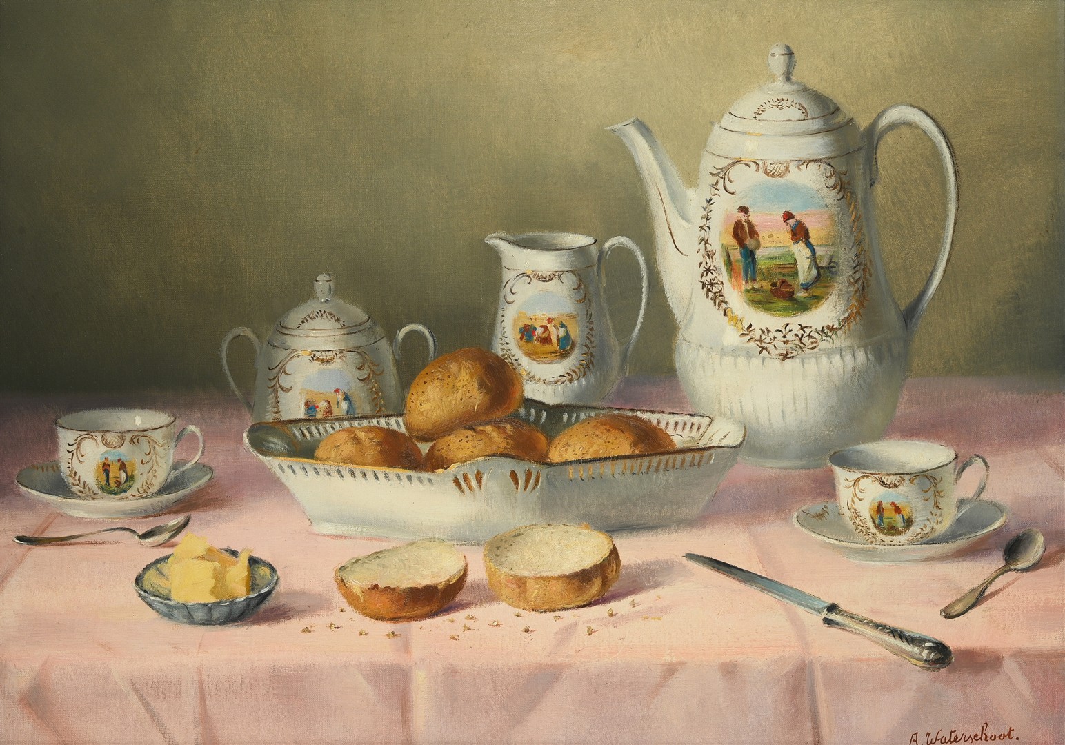 Alfons Waterschoot - Stilleven van ontbijtservies incl het geschilderde servies. kopen? Bied vanaf 295!