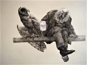Peter Vos - bekend Utrechts Graficus & illustrator - Litho - "Oude man & uil" - VANAF 10€!!! verkocht voor € 90!