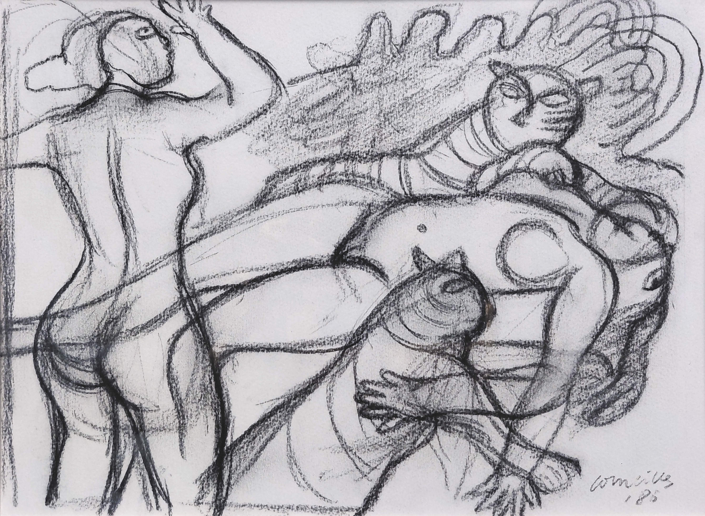 Corneille - Les Tigres Amoureux, zwart krijt op papier (mooi ingelijst) kopen? Bied vanaf 1600!