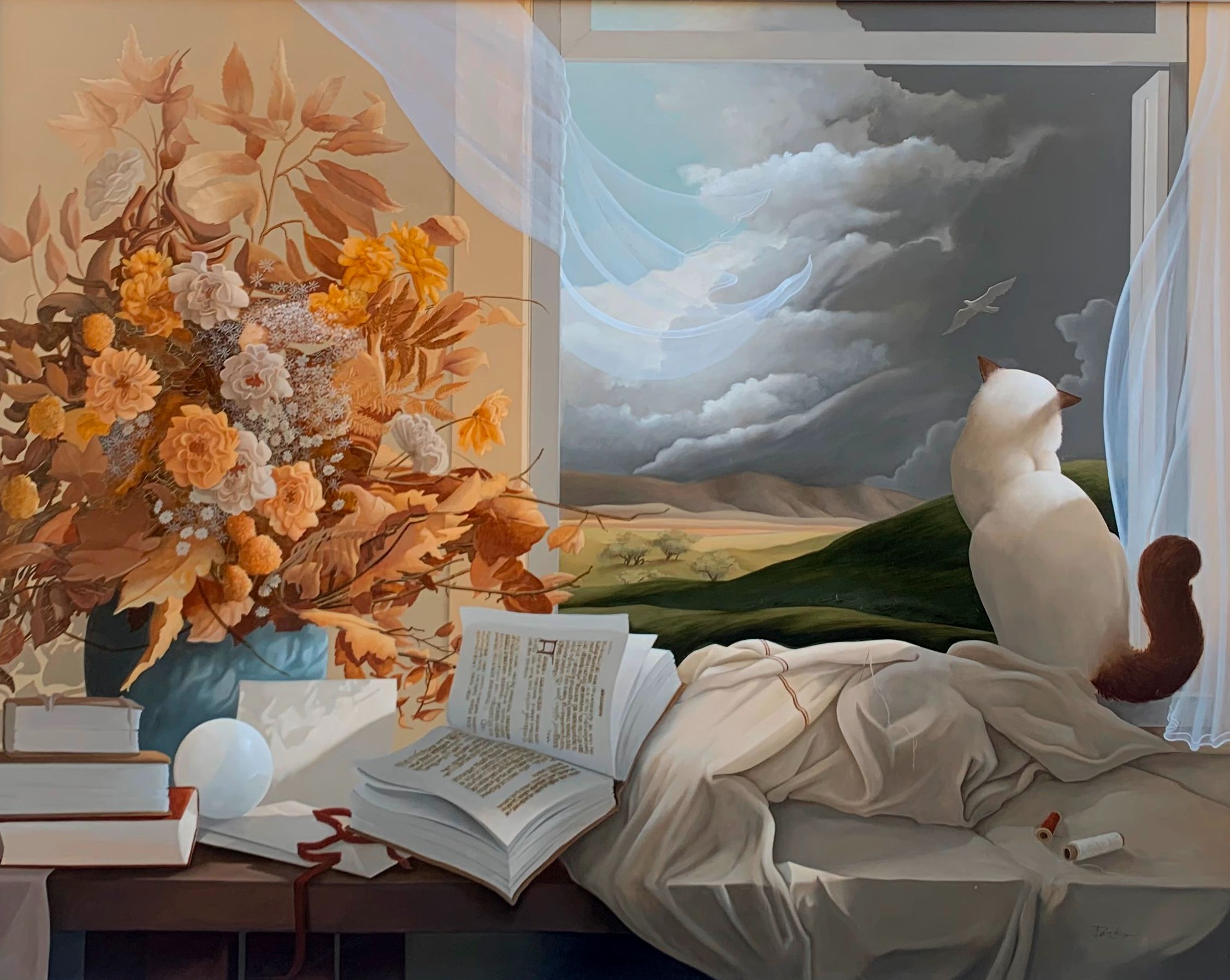 Michael Parkes - Ingelijste olieverf op board: Stilleven(groot werk!) kopen? Bied vanaf 3500!
