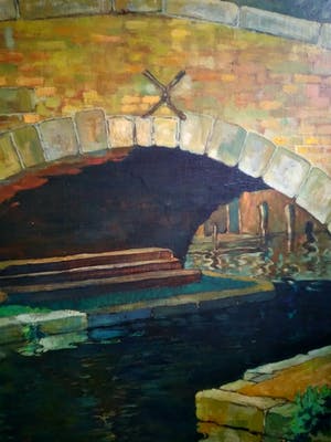 Niet of onleesbaar gesigneerd - 'bridge over calm water', olieverf op houten paneel kopen? Bied vanaf 1!