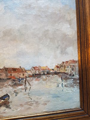 Niet of onleesbaar gesigneerd - Stadshaven te Maassluis. Zie achterzijde naam vd schilder. kopen? Bied vanaf 10!