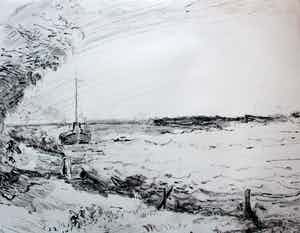 Willem Jans Dijk - Tekening: Op de Rijn bij Renkum met woonschip verkocht voor € 65!