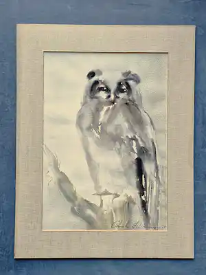 Christel Selmouni - grote in 1997 geschilderde sepia / aquarel op papier "Uil op tak" kopen? Bied vanaf 43!