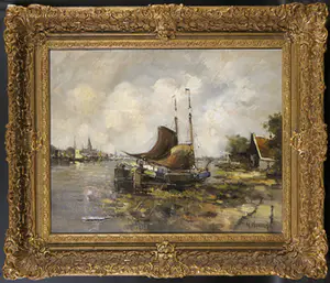 H. Noordam - Olieverf op doek, Aangemeerde boten - Ingelijst kopen? Bied vanaf 1!