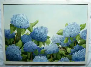 Mieke Hoogendorp - Naïeve schilderkunst , Ingelijst schilderij , 2 Musjes – ca. 1985 - 53 x 73 cm verkocht voor € 90!