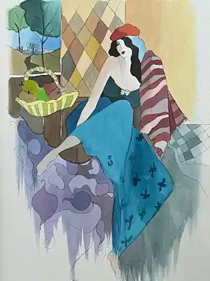 Itzchak Tarkay - VROUW MET FRUITMAND (PRIJSVERLAGING) verkocht voor € 240!
