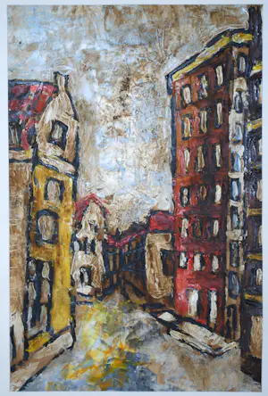 Rinus Pelgrom - Expressionistisch stadsgezicht (Amsterdam) - olieverf op papier kopen? Bied vanaf 50!