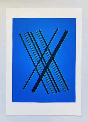 Willem Hussem - Compositie met gekruiste lijnen in blauw, zwart en groen kopen? Bied vanaf 225!