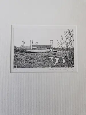 Wim van der Meij - fraai gedetailleerde Ets "binnenvaartschip" - kleine oplage - gesigneerd kopen? Bied vanaf 36!