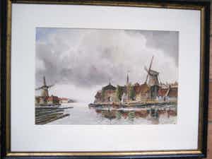 Hermanus Koekkoek (jr.) - "Stad aan rivier"- fraai ingelijste grote aquarel verkocht voor € 260!