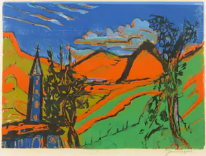 Jan Wiegers - Houtsnede, Landschap in blauw, rood en groen - Ingelijst kopen? Bied vanaf 200!