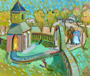 Dirk Oudes - Naar de kerk, olieverf op paneel (mooi ingelijst) verkocht voor € 1305!