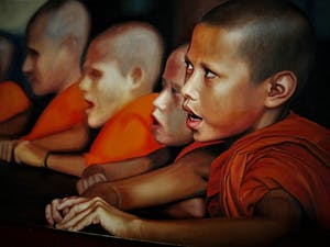 Niet of onleesbaar gesigneerd - Thailand - GROOT olieverf op doek " jonge boeddhistische Monniken" gesigneerd kopen? Bied vanaf 1!