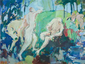 Willem Janssen - Acryl op papier, Dansende vrouwen - Ingelijst kopen? Bied vanaf 70!