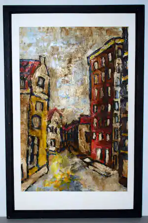Rinus Pelgrom - Expressionistisch stadsgezicht (Amsterdam) - olieverf op papier verkocht voor € 50!